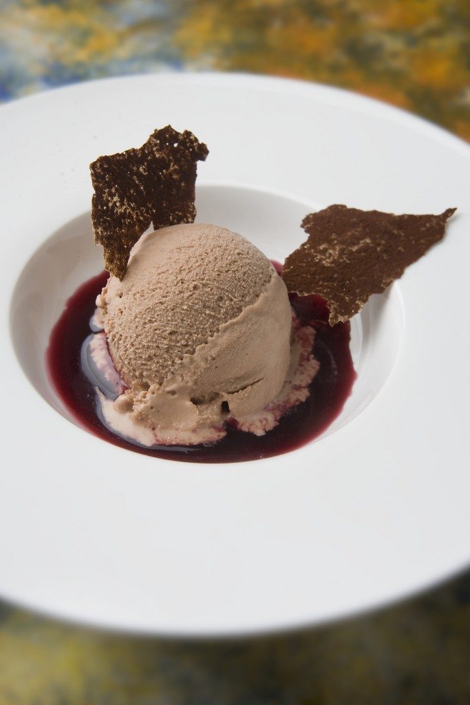 Chocobarrica ice cream with red fruits and red wine coulis