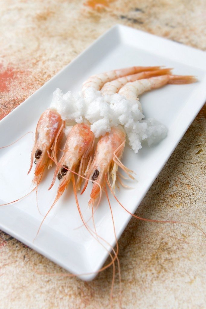 White prawns from Huelva with an icy sea water